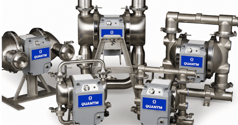 Graco’s range of stainless steel QUANTM electric double diaphragm pumps.