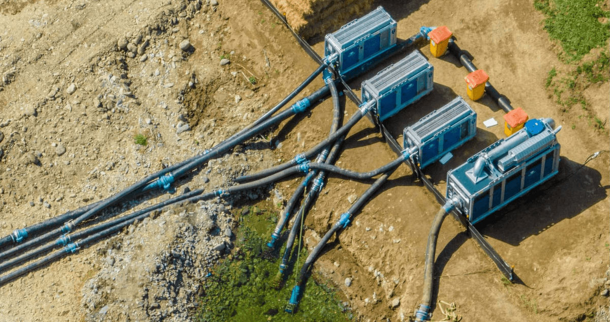 BBA auto-prime pumps overpump the full flow of the Maitai River in Nelson, creating a safe site for flood remediation work to begin.