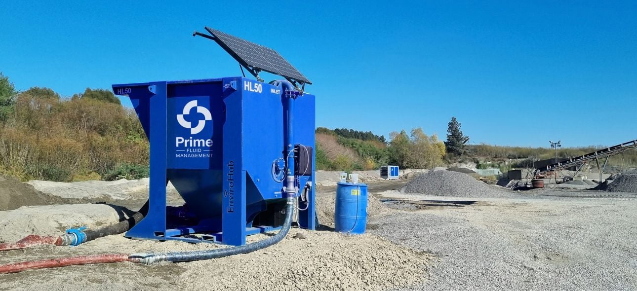 Prime HL50 lamella clarifier installed at a quarry site with a solar panel and connected hoses