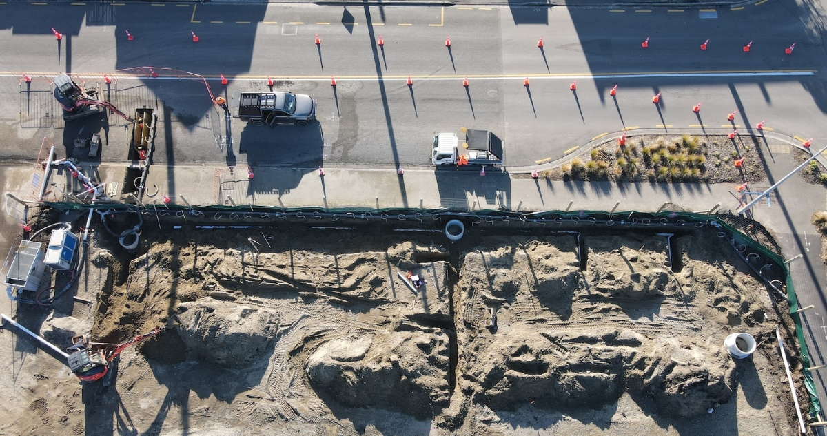 Aerial view of excavation and groundwater control works