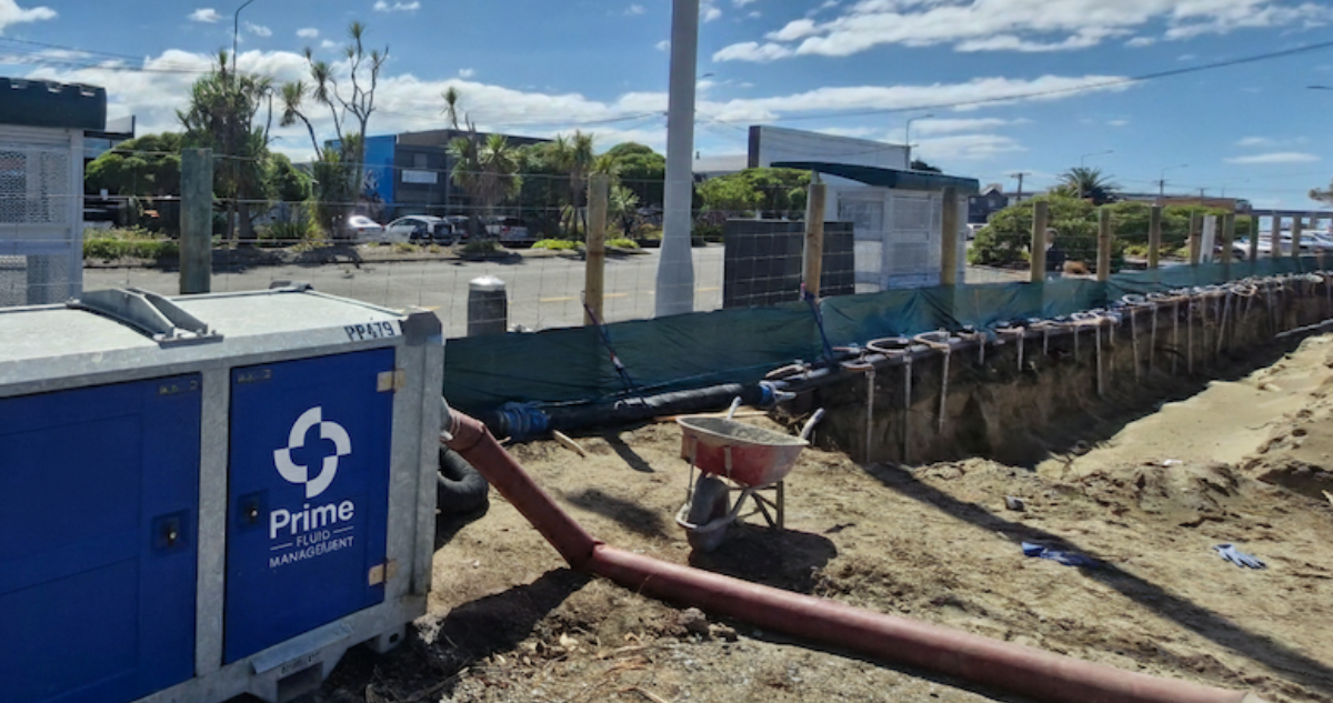 Wellpoint dewatering system managing groundwater at a Christchurch construction site